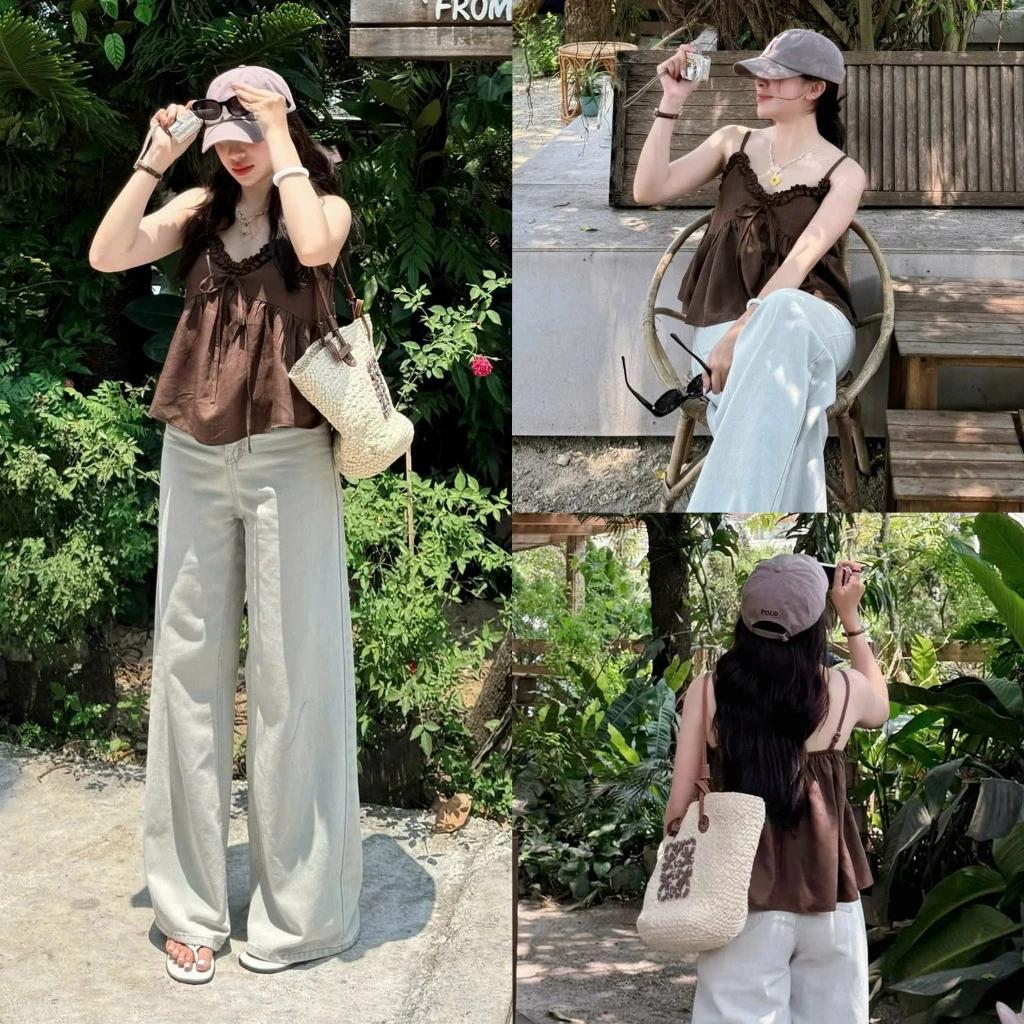 (ẢNH OLDSCHOOL) Áo 2 dây đũi vân mây dáng babydoll xoè Lalaa Top.