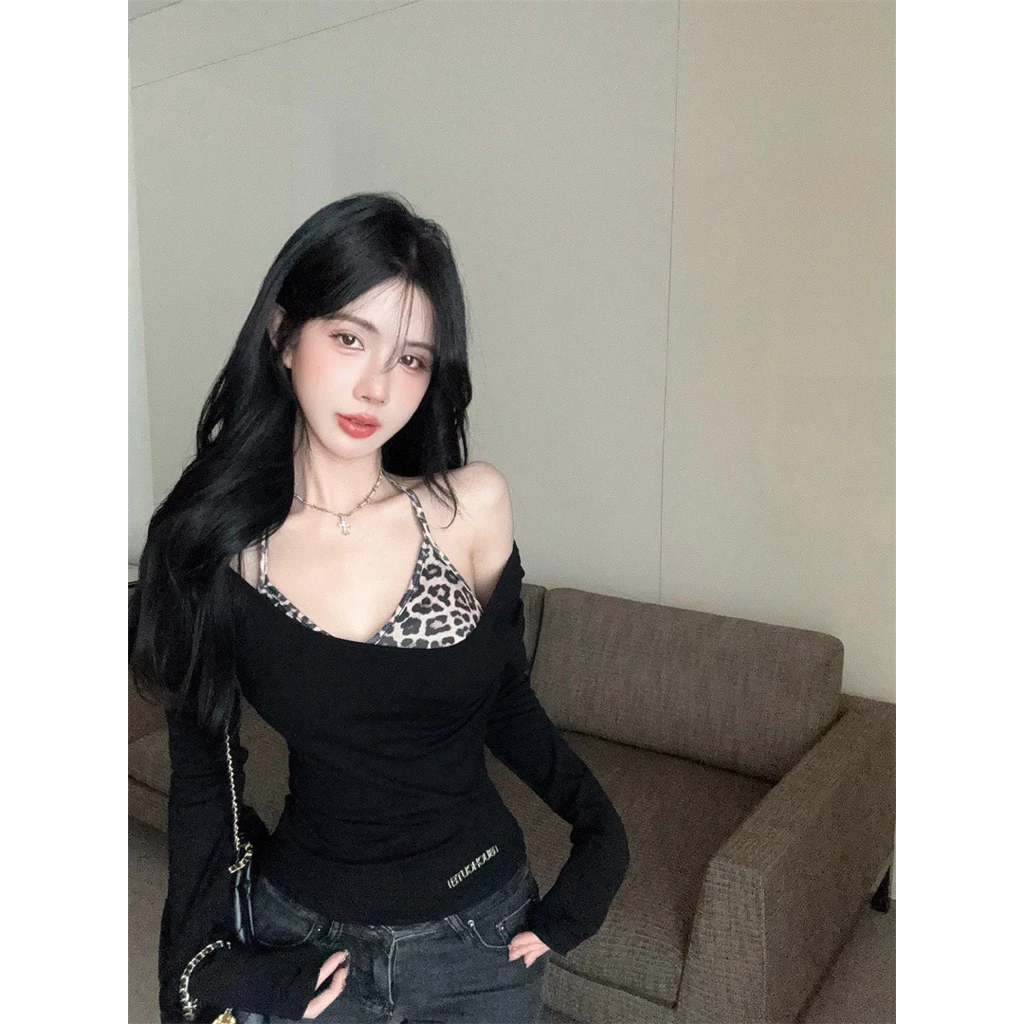 Set Áo Nữ Big Size 2 Món – Áo Thun Tay Dài + Áo Hai Dây Da Báo, Phong Cách Mỹ Sexy, Che Bụng Tôn Dáng Cho Nàng Mũm Mĩm