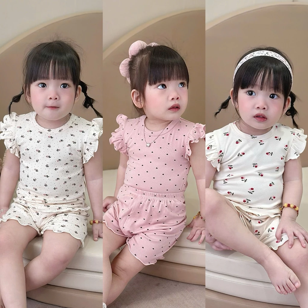 Bộ cộc tay bé gái cánh tiên họa tiết hoa nhí phong cách hàn quốc chất liệu cotton 100% mềm mại thấm hút tốt