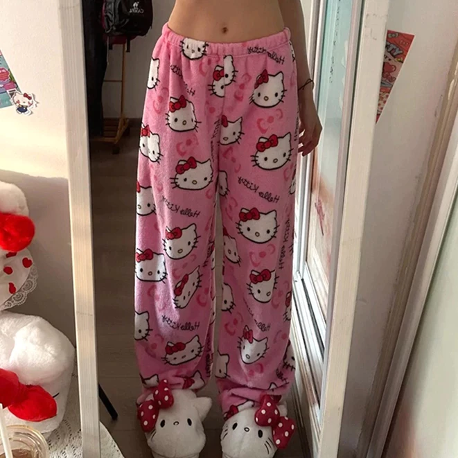 Quần ngủ bằng vải nhung dễ thương, màu hồng Hello Kitty, ấm áp cho mùa thu đông, thoải mái và rộng rãi khi mặc ở nhà VN