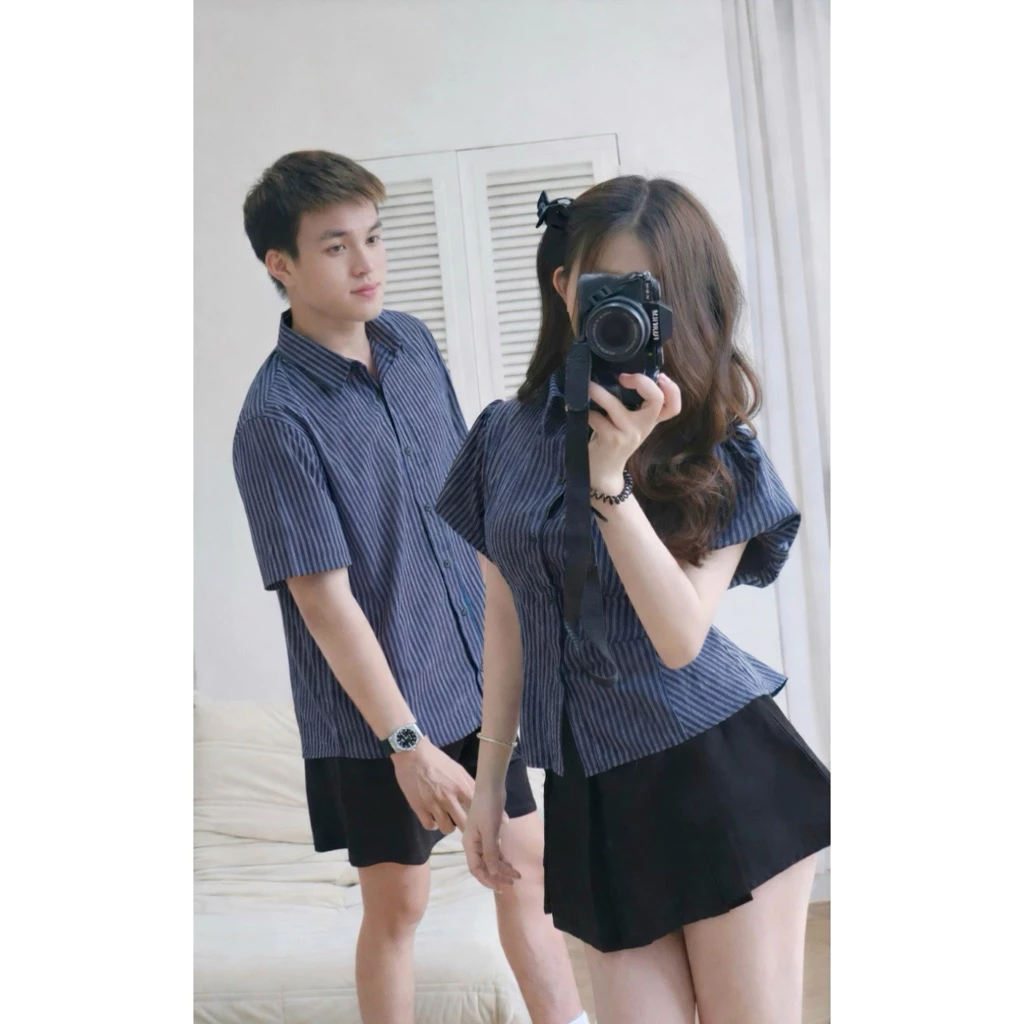 (S - 84 ) [DEAL MỞ BÁN] Set đồ đôi nam nữ couple áo sơmi kẻ tay bồng dáng ngắn chiết eo và sơmi nam tay ngắn