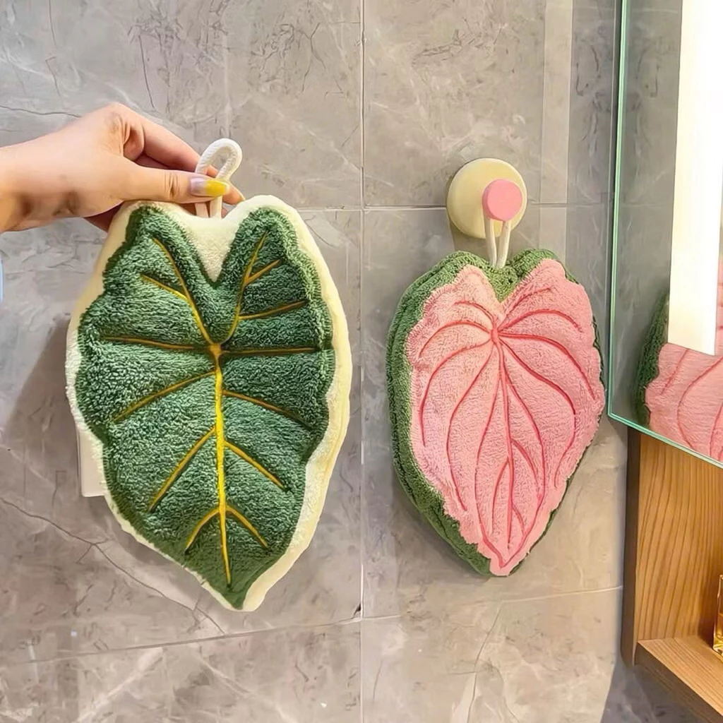 Khăn Lau Tay Hình Lá Cây Hồng, Khăn Bông Treo Tường Hấp Thụ Nước, Phụ Kiện Nhà Tắm Thời Trang