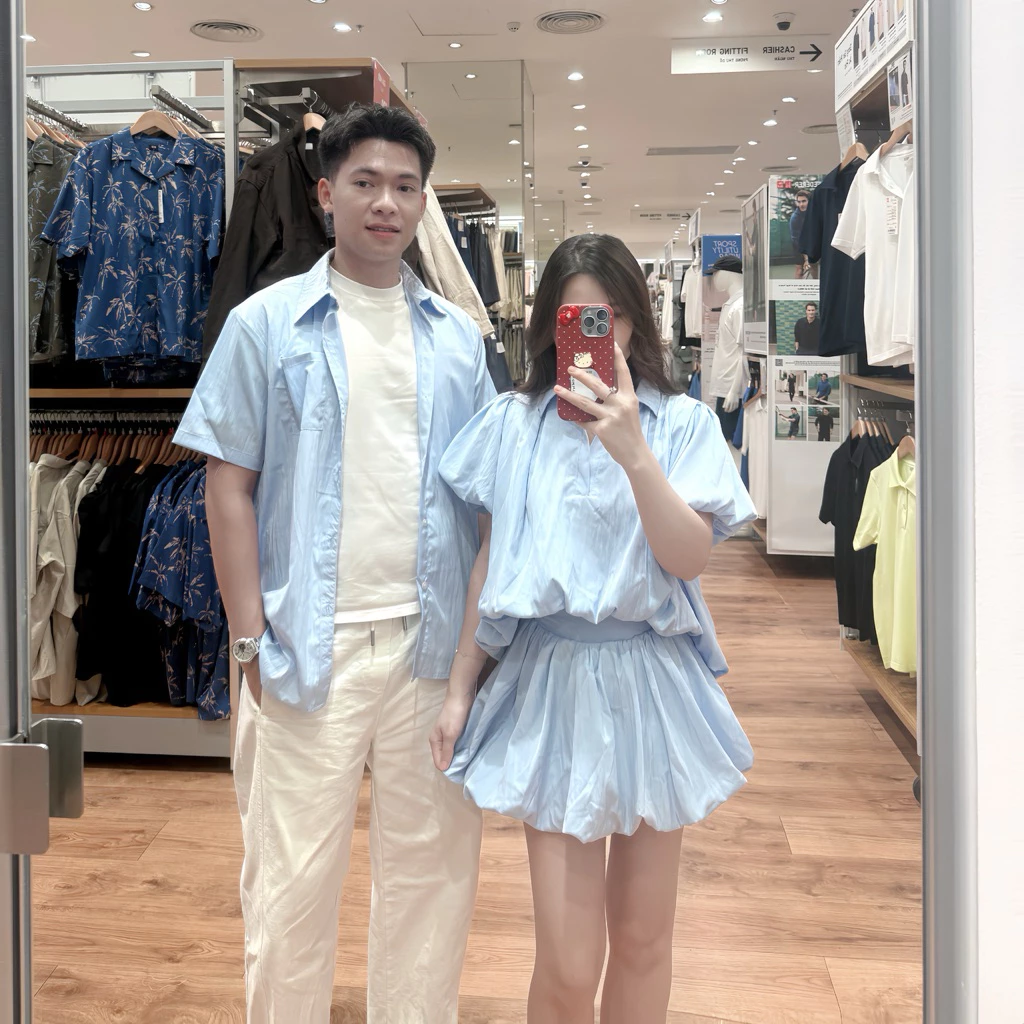 (S - 85) Set đồ đôi nam nữ couple set gió nhăn bí bồng 2 lớp và áo sơmi nam tay cộc, đồ đôi mặc cùng người yêu