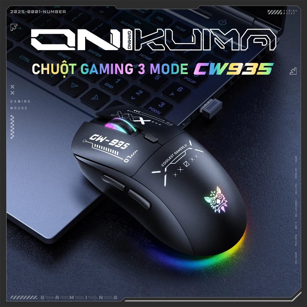 Chuột không dây gaming Onikuma cw935 bluetooth usb 2,4G 3 MODE pin sạc 6 nút bấm led RGB 5 mức DPI Kết nối máy tính/iPad