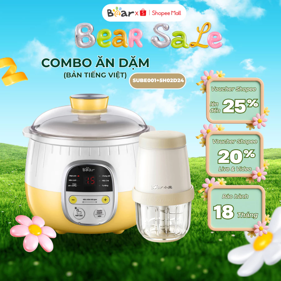 COMBO Ăn Dặm Bear Nồi Nấu Chậm 0.8L SUBE001 Kèm Xửng Hấp Và Máy Xay Thực Phẩm 0.3L,8 Lưỡi CH-5H02D24