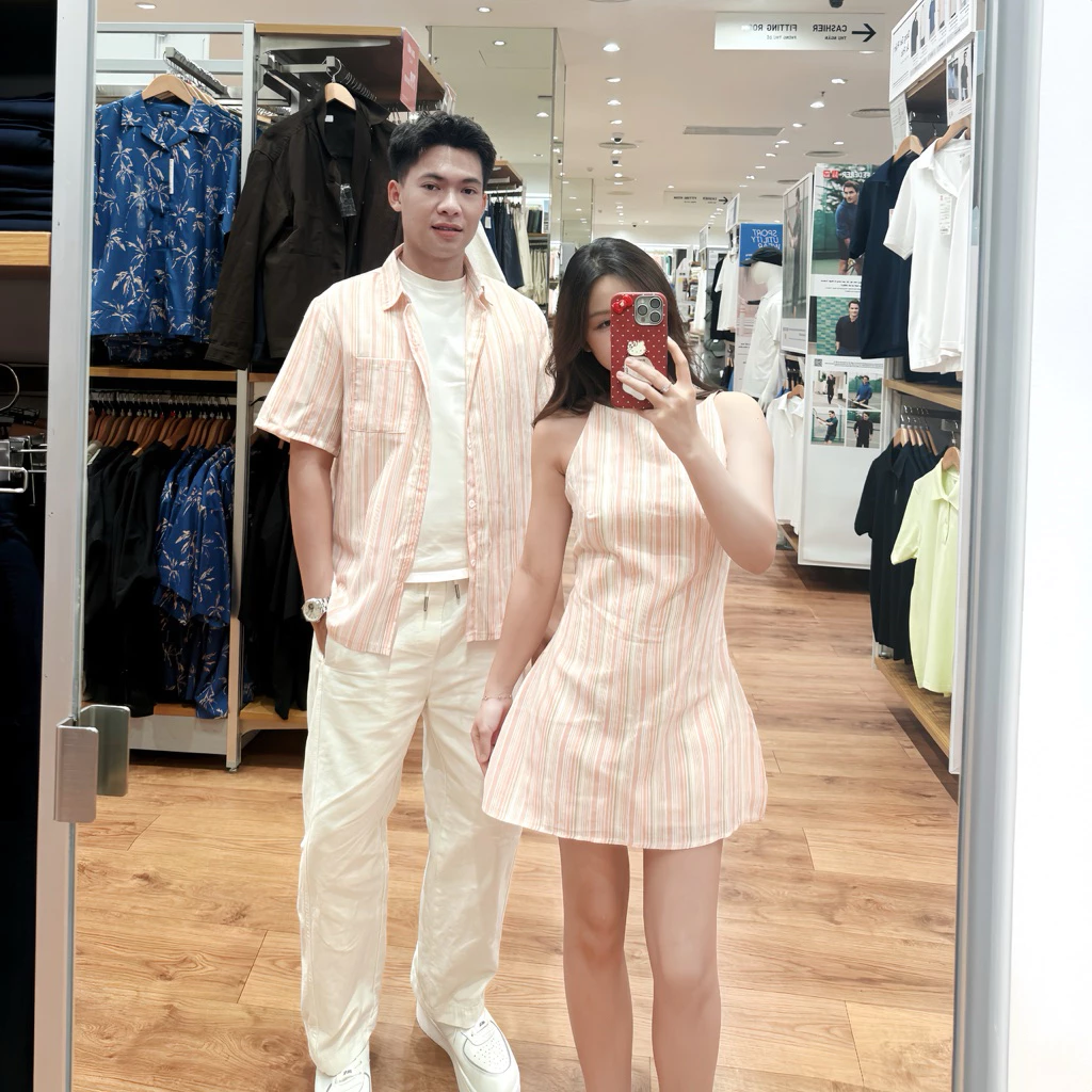 (S - 88) Set đồ đôi nam nữ couple váy nữ 2 dây ôm eo và áo sơmi nam tay ngắn có túi, đồ đôi mặc cùng người yêu