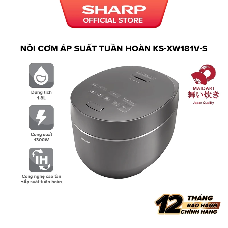 Nồi Cơm Điện Cao Tần Áp Suất Sharp KS-XW181V-S - Dung Tích 1.8L - 29 Chế Độ Nấu Chuyên Sâu - Công Suất 1300W - Chính Hãn