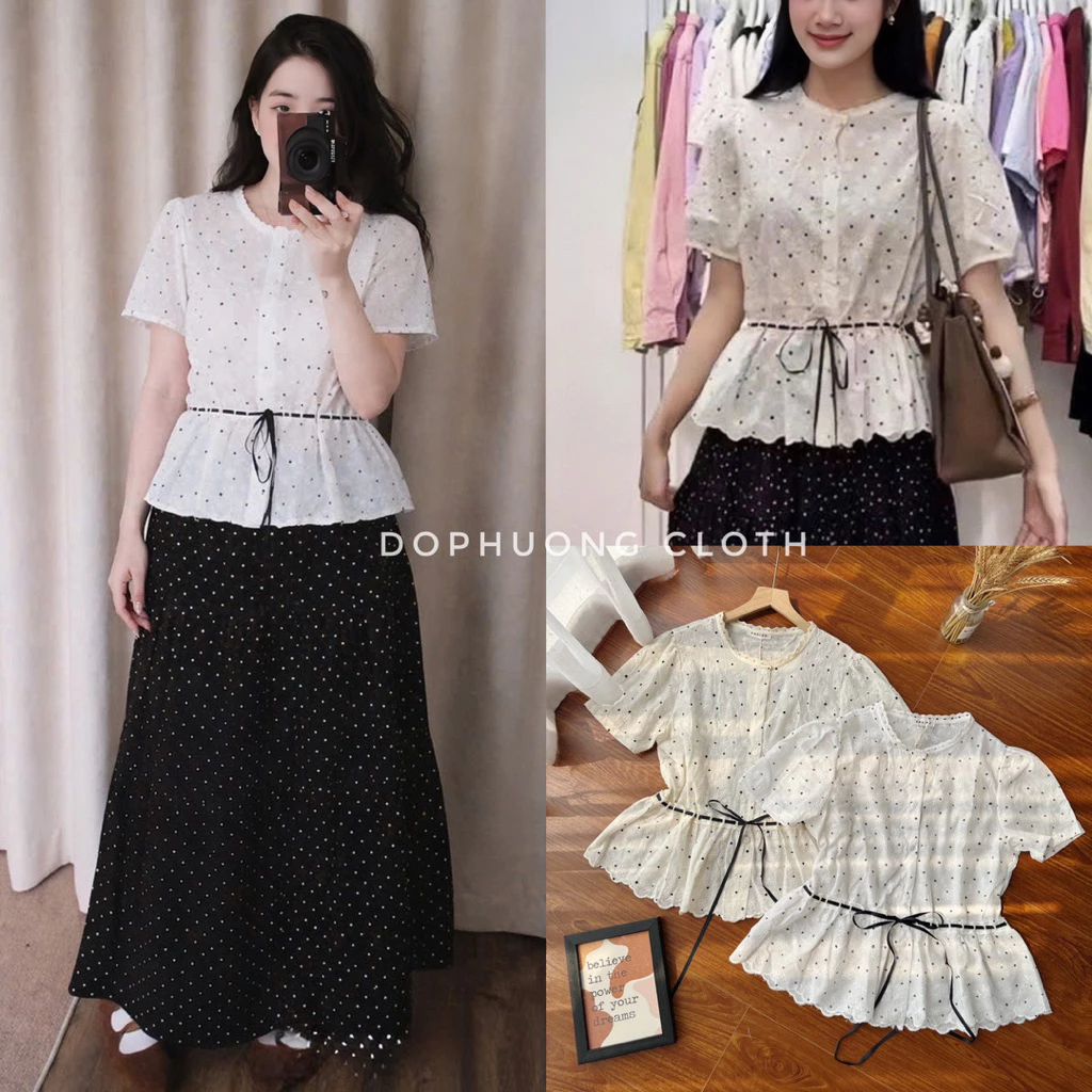 (Hàng L1 sẵn SM video thật) Áo sơ mi thô cổ tròn ren hoa nổi phối chấm bi rút dây eo NGẮN TAY style hàn UWI TOP