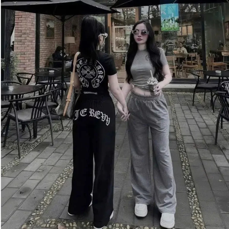 Set Quần Áo Nữ Streetwear Áo Thun Co Giãn Quần Suông Ống Rộng Phong Cách Ulzzang