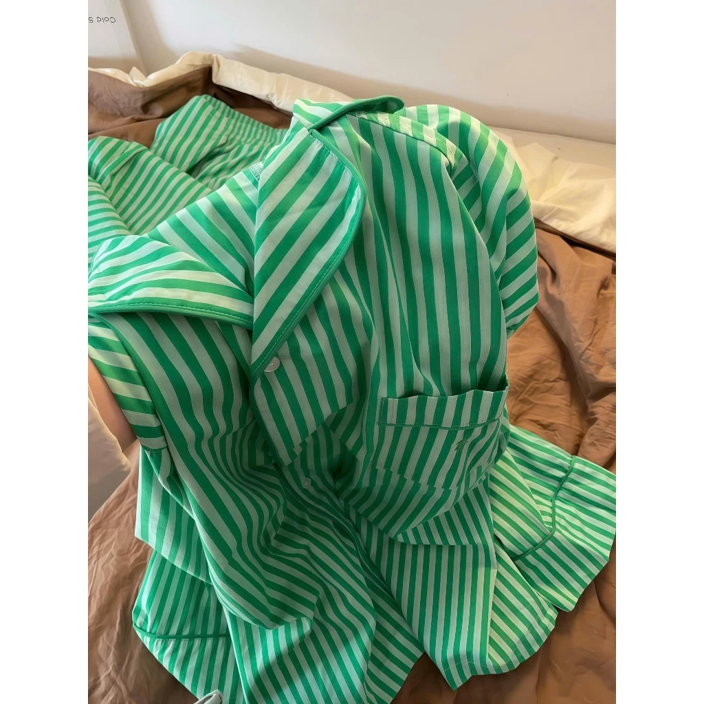 Bộ Pijama Đũi Mây Sọc Xanh Mint Mùa Hè , Đồ Ngủ Nữ Dài Tay Bông Mây Hàn Quốc Cao Cấp Mềm Mịn