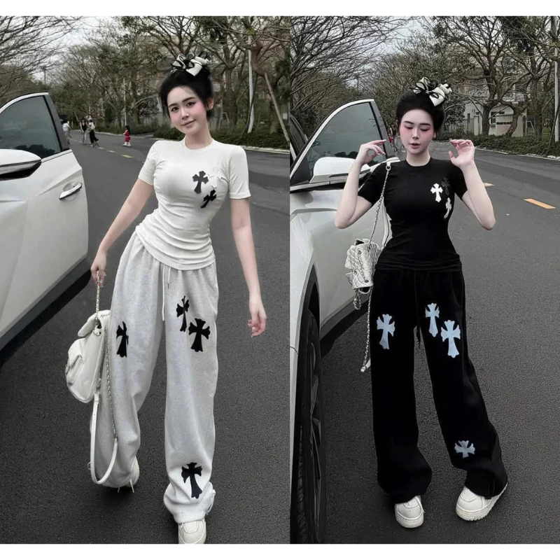 Set Outfit Nữ Street Style Cross, Áo Body + Quần Ống Rộng Form Chuẩn, Tôn Dáng