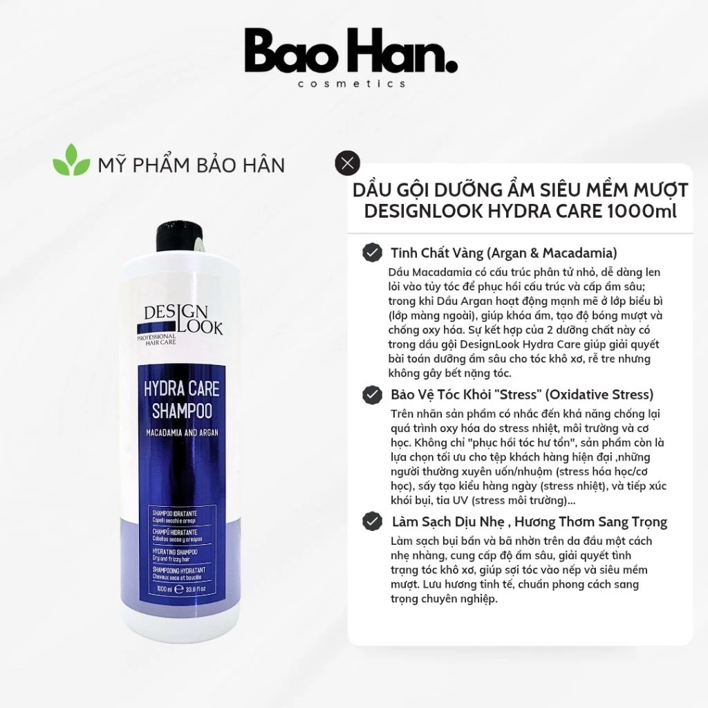 DẦU GỘI DƯỠNG ẨM SIÊU MỀM MƯỢT DESIGNLOOK HYDRA CARE 1000ML - SIÊU PHỤC HỒI, CẤP ẨM CHO TÓC KHÔ, XƠ RỐI, CHẺ NGỌN