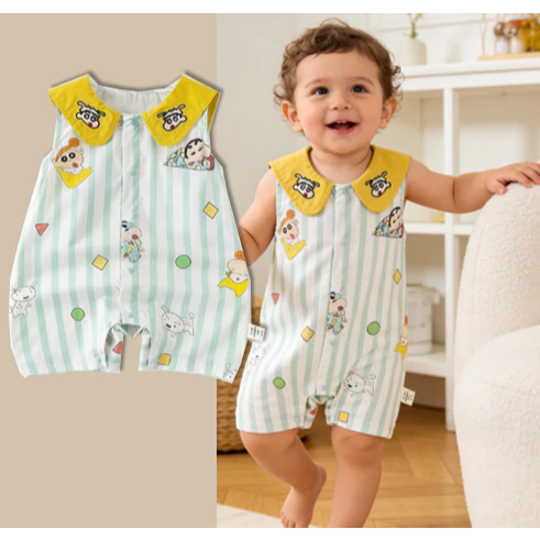 Bé sơ sinh Romper mùa hè tay ngắn bông xanh lá cây bút chì Shin-chan Jumpsuit 0-24M