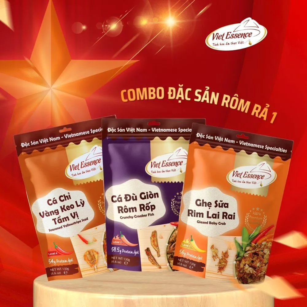 Combo 3 Gói Đặc Sản Rôm Rả Viet Essence (Snack Cá Đù, Ghẹ Sữa, Cá Chỉ Vàng)