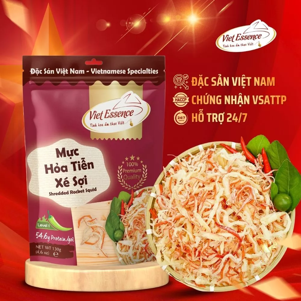 Mực Hoả Tiễn Xé Sợi Viet Essence - Mực Hấp Nước Dừa Xé Sợi Thơm Ngon (130gr)