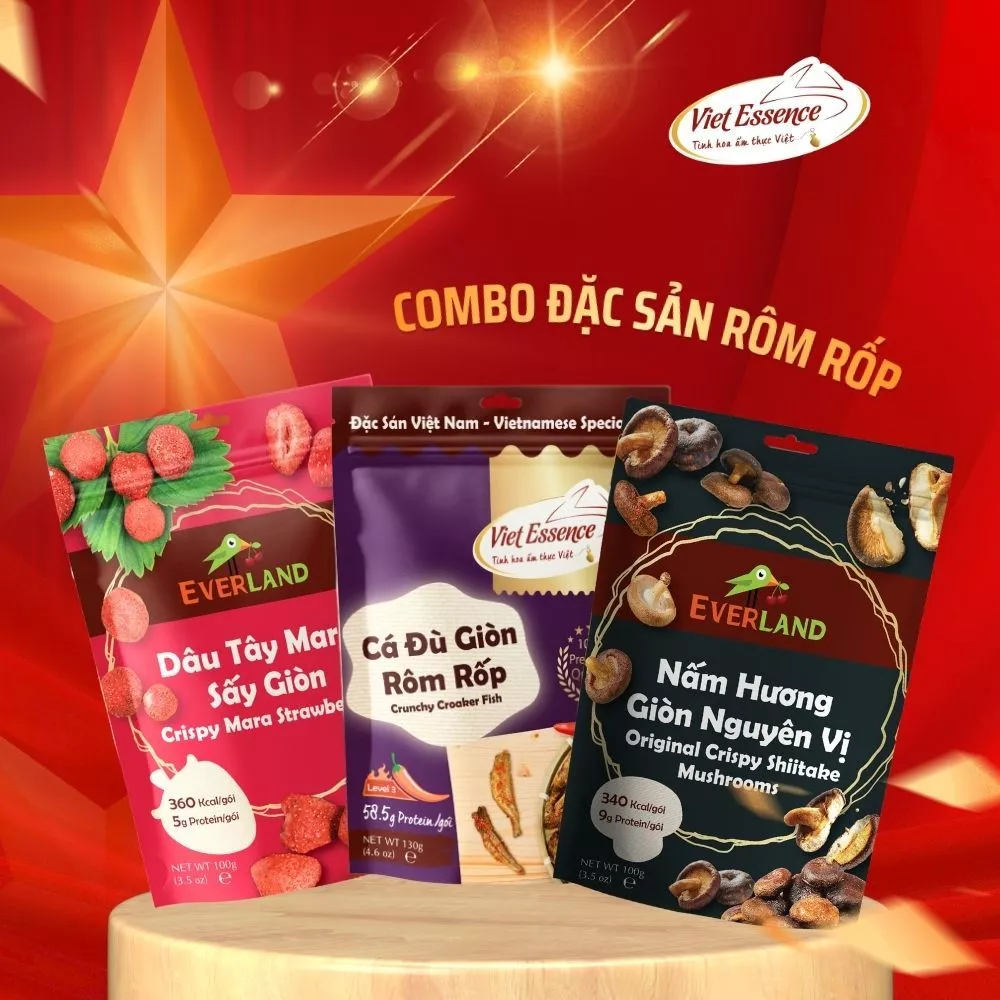 Combo 3 Gói Đặc Sản Giòn Rôm Rốp Viet Essence (Snack Cá Đù, Dâu Tây Sấy Giòn, Nấm Hương)