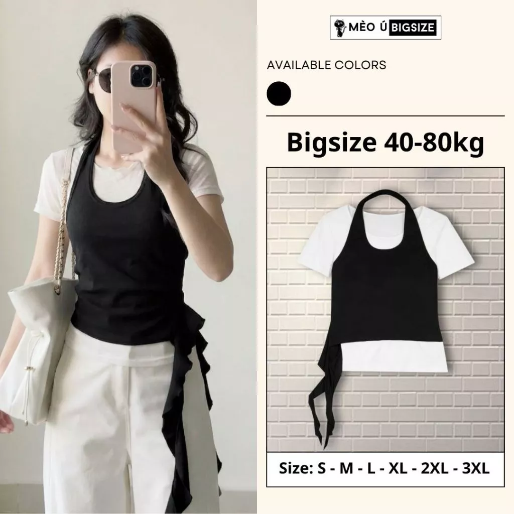 Set áo nữ BIGSIZE Mèo Ú áo thun cộc tay cổ tròn viền bèo form rộng mix yếm vạt lệch cá tính phong cách Hàn Quốc 3400