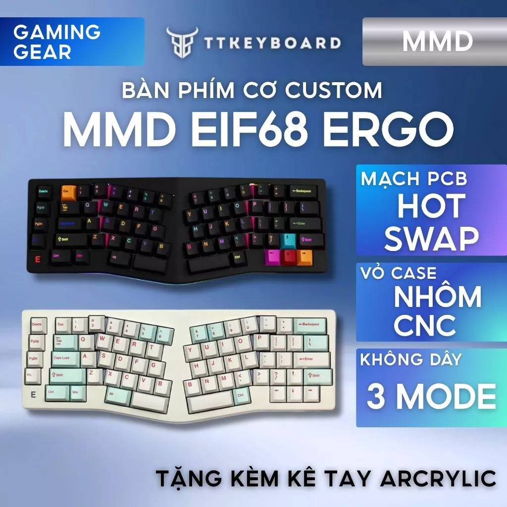[Hỏa Tốc] Bàn Phím MMD EIF68 Alice Ergo Nhôm CNC 3 Mode Tặng Kèm Kê Tay Acrylic