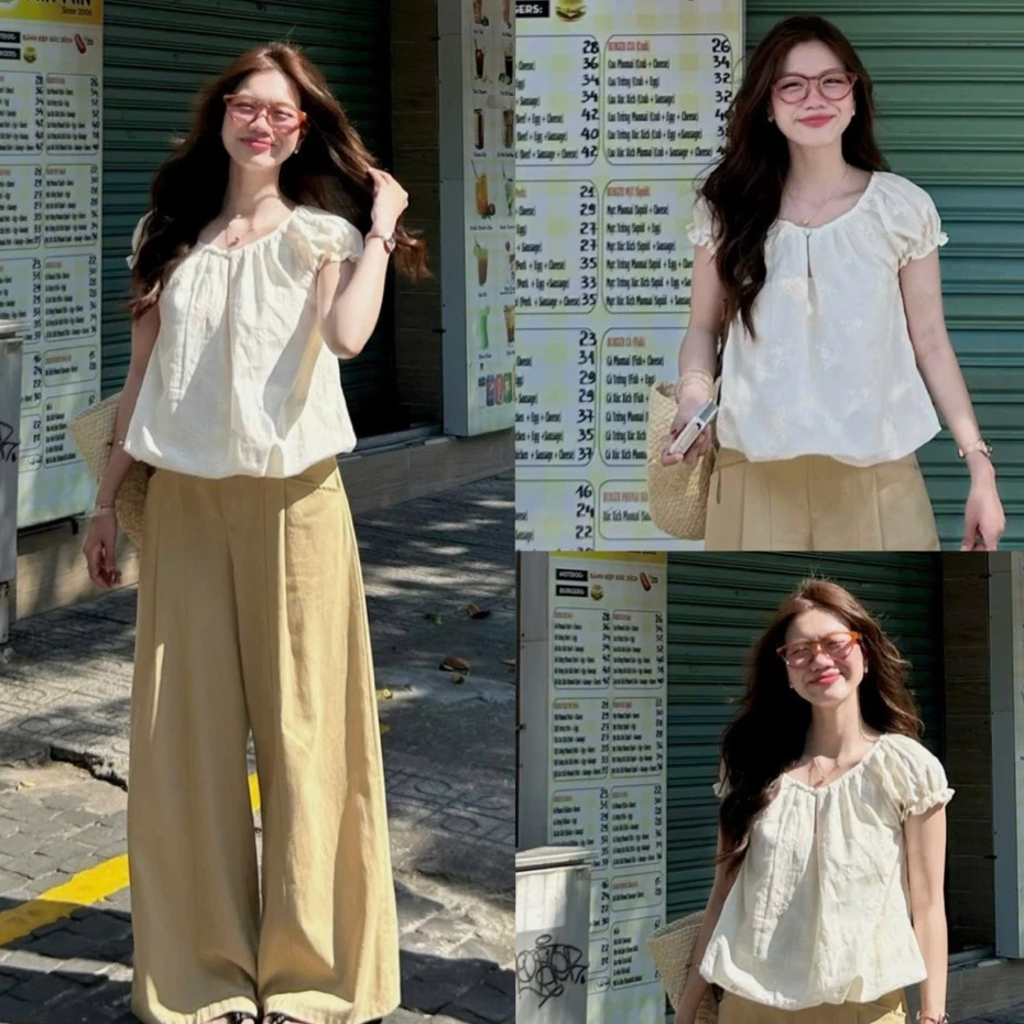Áo Babydoll Nữ Tay Bồng Thêu Hoa Vintage BOHEE SHIRT Dáng Bí Hoa Thêu Chìm Màu Be Dễ Phối