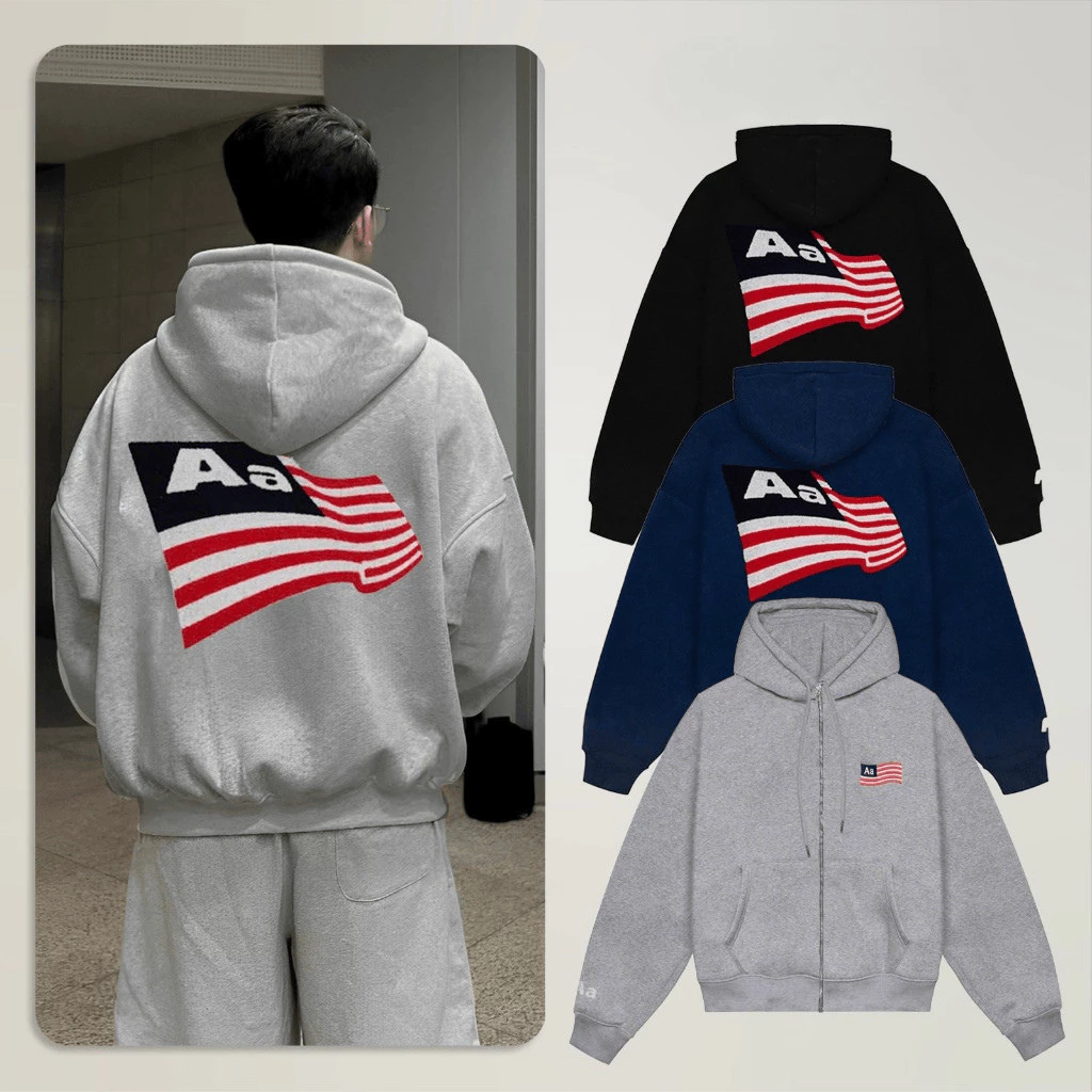 Áo Khoác Hoodie Zip Aastu Form Rộng Boxy Chất Nỉ Bông Dày Dặn Thêu Xù Hình Lá Cờ Cực Xịn Hot Trend