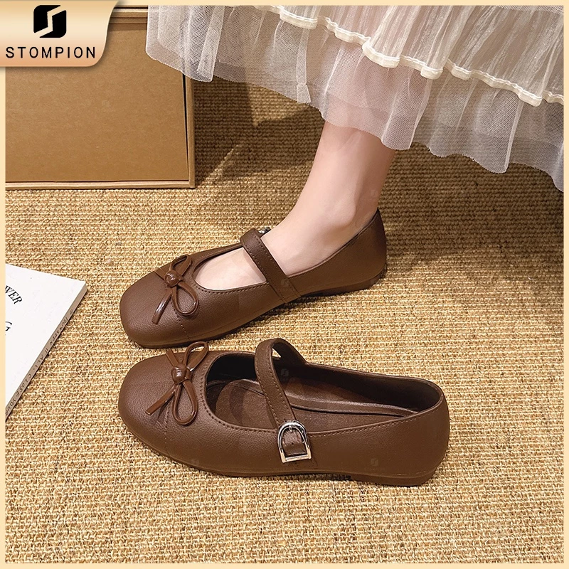 STOMPION Giày búp bê nữ quai ngang phong cách Hàn, 3 màu lựa chọn, êm chân dễ phối đồ đi học đi chơi