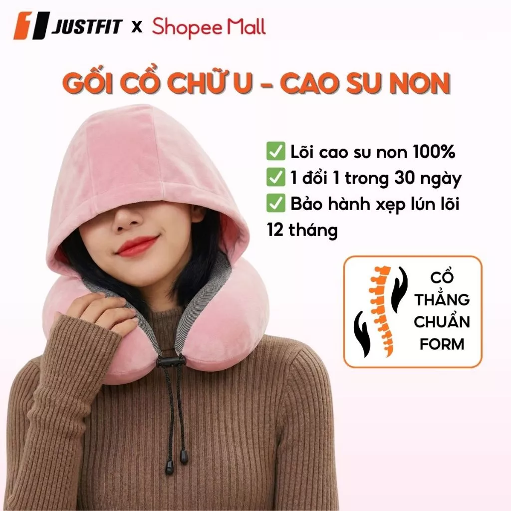 Gối kê cổ chữ U cao su non có mũ JUSTFIT - Chuẩn form cổ, giảm đau mỏi cổ cho văn phòng và du lịch