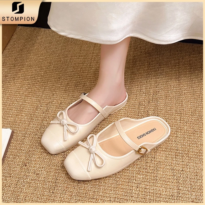 STOMPION Dép đế bệt STOMPION cho nữ – Giày lười Hàn Quốc có nơ và khóa gài, phong cách dịu dàng đi chơi