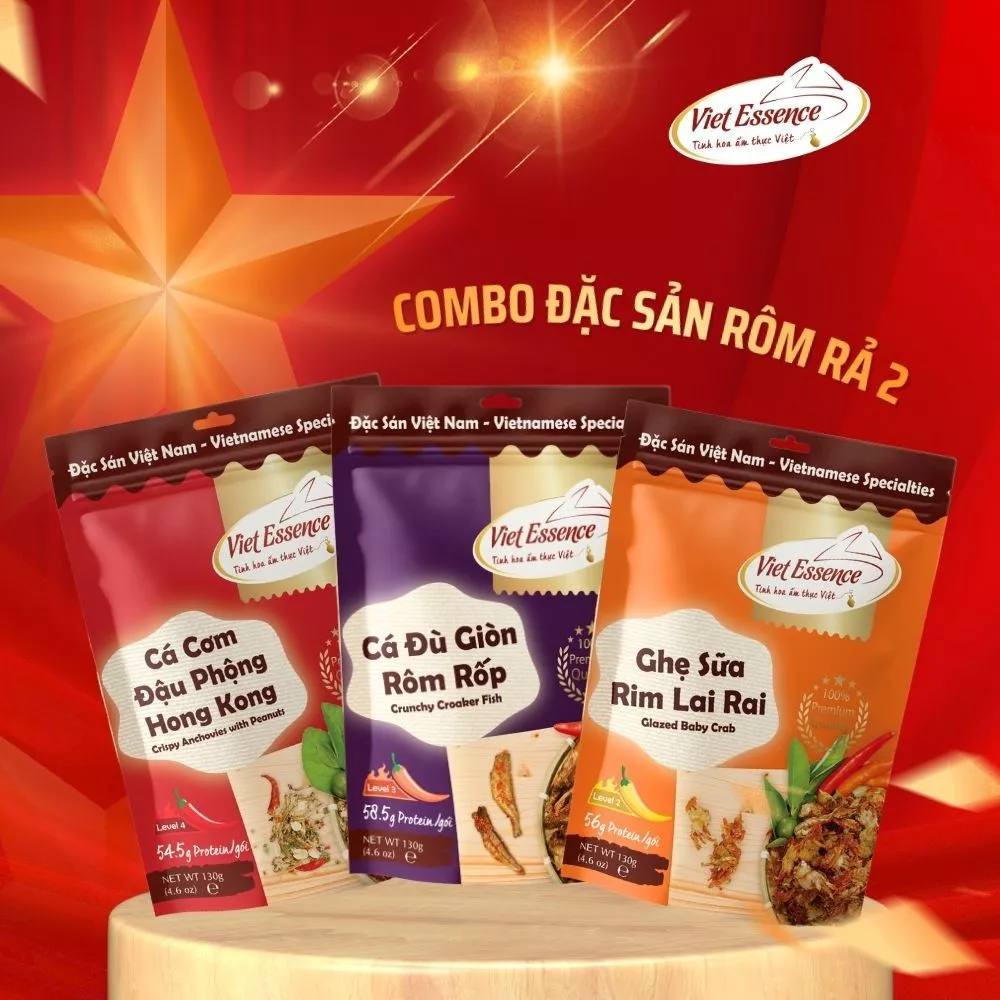 Combo 3 Gói Đặc Sản Rôm Rả Viet Essence (Snack Cá Đù, Ghẹ Sữa, Cá Cơm)