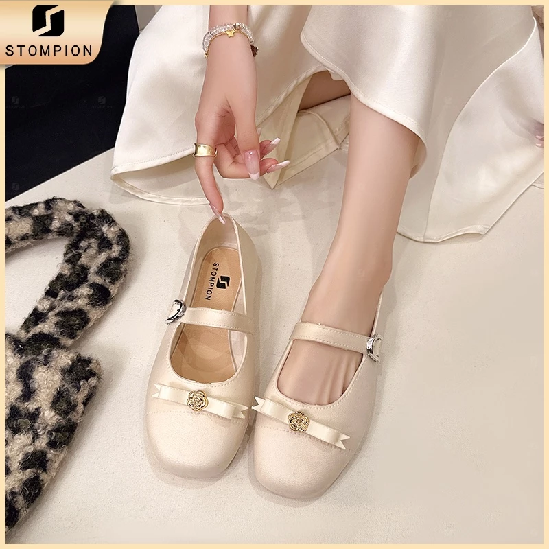 STOMPION Dép sandal nữ– Đế bệt thanh lịch, khuy hoa & nơ Hàn Quốc, giày đi làm dịu dàng