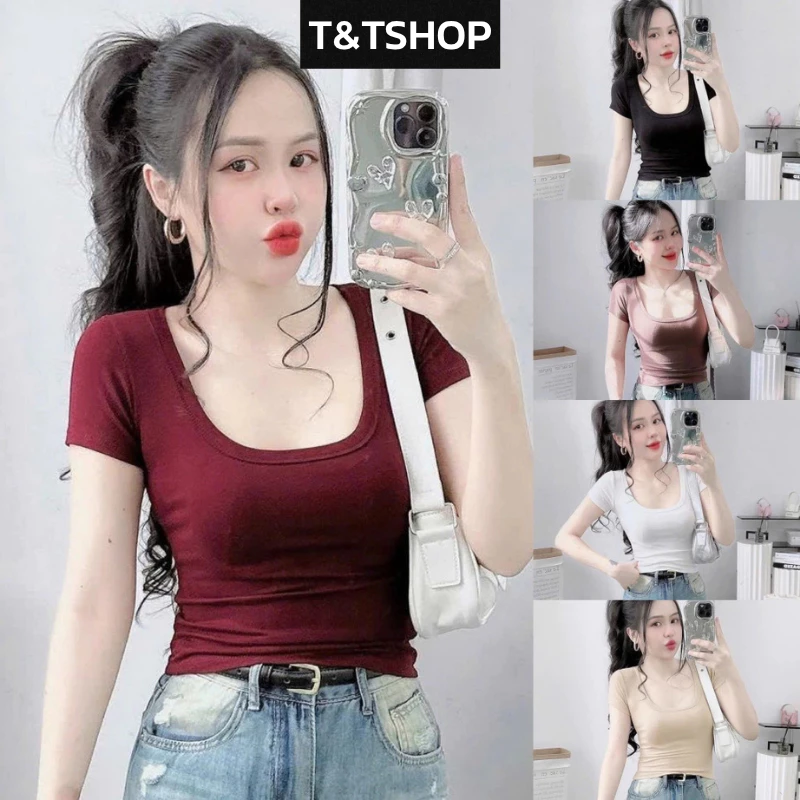 [ Vải Xịn ]Áo thun body croptop nữ ôm dáng cổ vuông, chất borip lụa dày co giãn, tôn dáng cực xinh