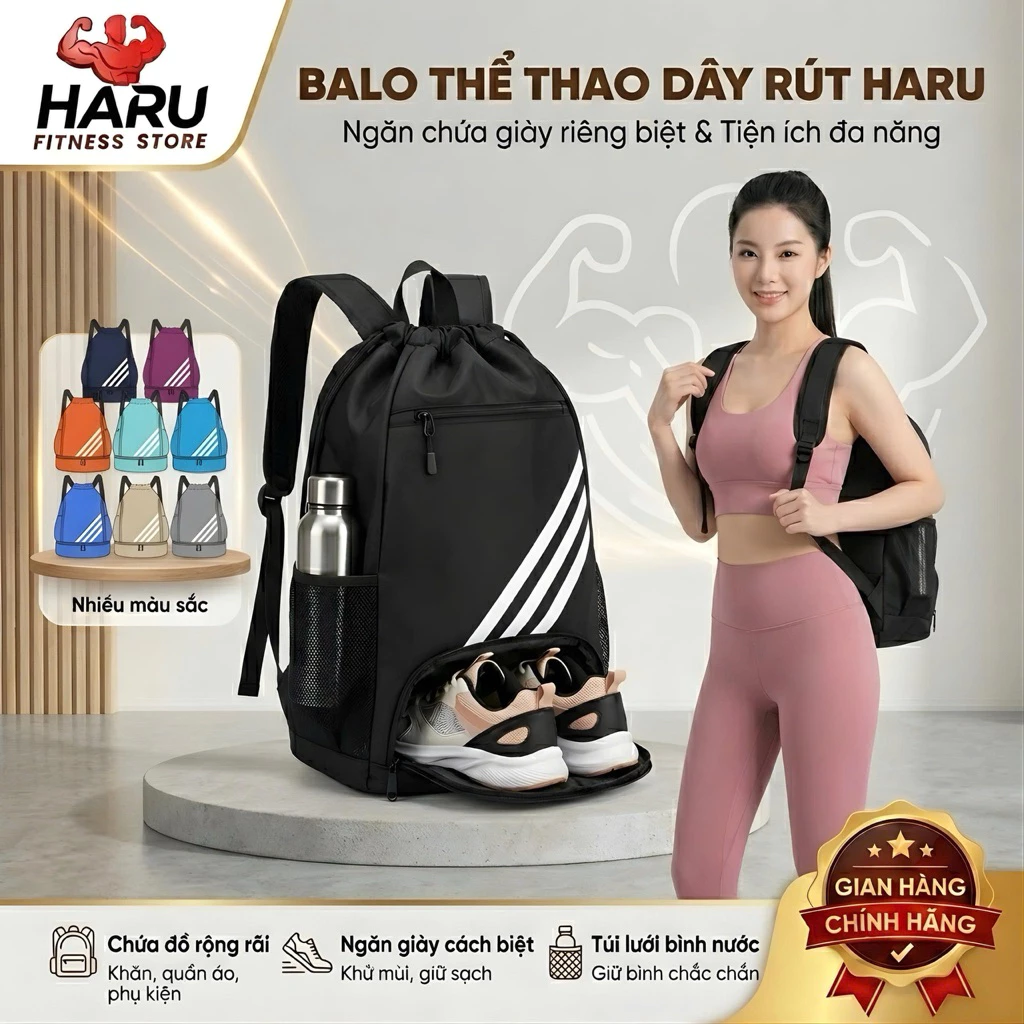 Balo Thể Thao Dây Rút HARU HR87 - Balo Gym Đựng Giày Riêng, Chống Thấm, Ngăn Cách Ly Đồ Ướt