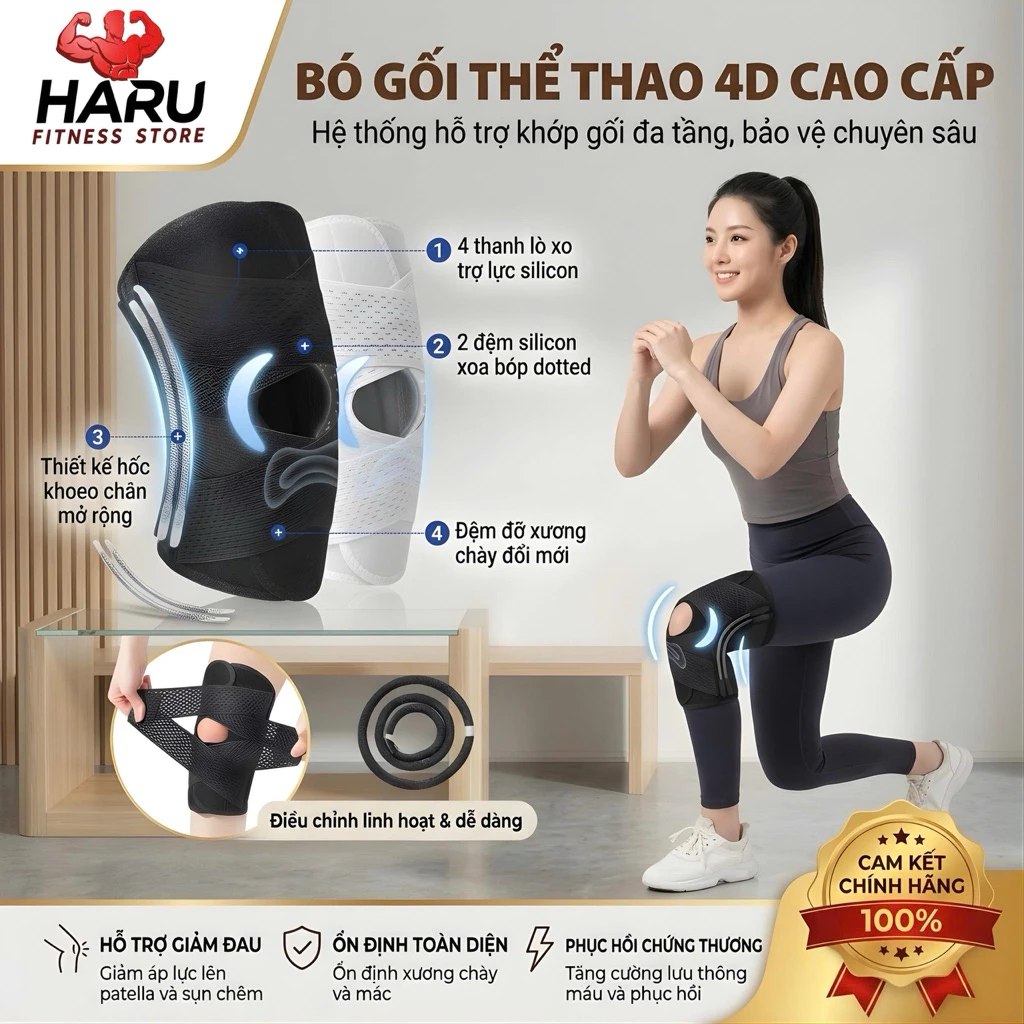Đai Bó Gối Thể Thao 4D HR88 - Băng Bảo Vệ Đầu Gối Co Giãn 4 Chiều, Chống Trượt, Đệm Gel & 4 Lò Xo Hỗ Trợ HR88