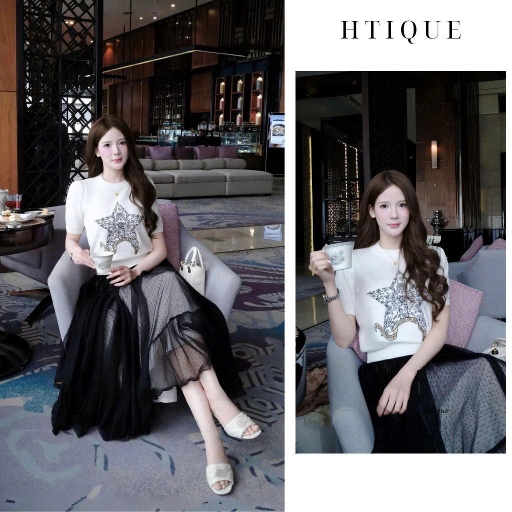 COLLECTION MUSE - HTIQUE ra mắt Áo Len Dệt Kim Thêu Ngôi Sao–Thanh Lịch Nàng Thơ, Áo len dệt kim kiểu nữ sang chảnh AT08