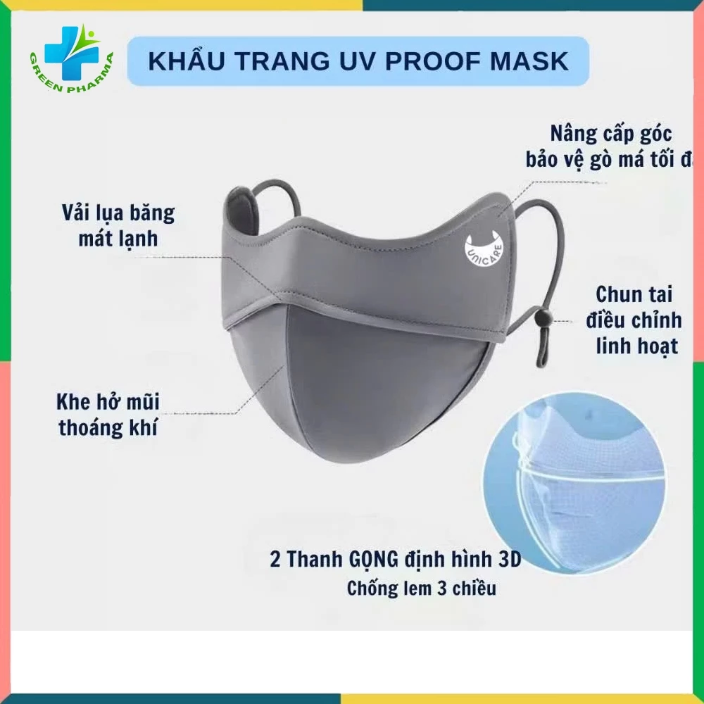 Khẩu trang chống tia UNICARE UV- Proof Mask  chất vải lụa mềm mịn thoáng mát chống nắng, chống tia uv hiệu quả
