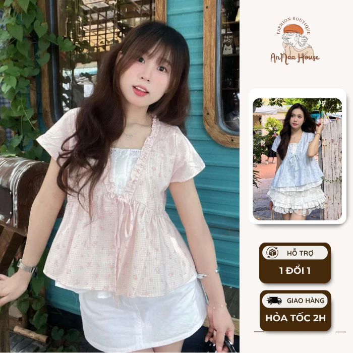 Áo babydoll áo kiểu buộc nơ phối bèo xoè nhẹ họa tiết hoa nhí linen nhiều màu phong cách bánh bèo tiểu thư