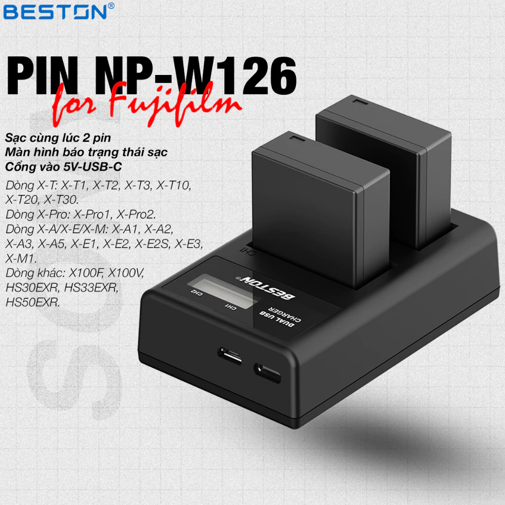 Dock sạc + 2 pin Beston NP-W126/W126S Cho Fujifilm X-T20 X-T10 X-T100 X100F X-H1 X-T3 X-T2 X-T1 X-A5 X-A3