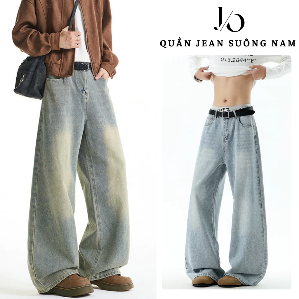 Quần Jean Xanh Nhạt Wash Suông Ống Rộng Nam Lưng Cao Quần Jean Nam Denim Mềm Không Xù Hack Chân