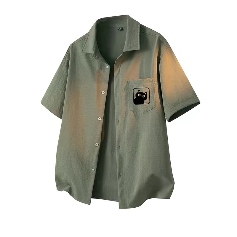 Áo Sơ Mi Nam Nữ Ngắn Tay Họa Tiết Mèo Đen Đáng Yêu - Áo Khoác Sơ Mi Unisex Form Rộng Vải Đũi Linen Hàn Quốc Cao Cấp