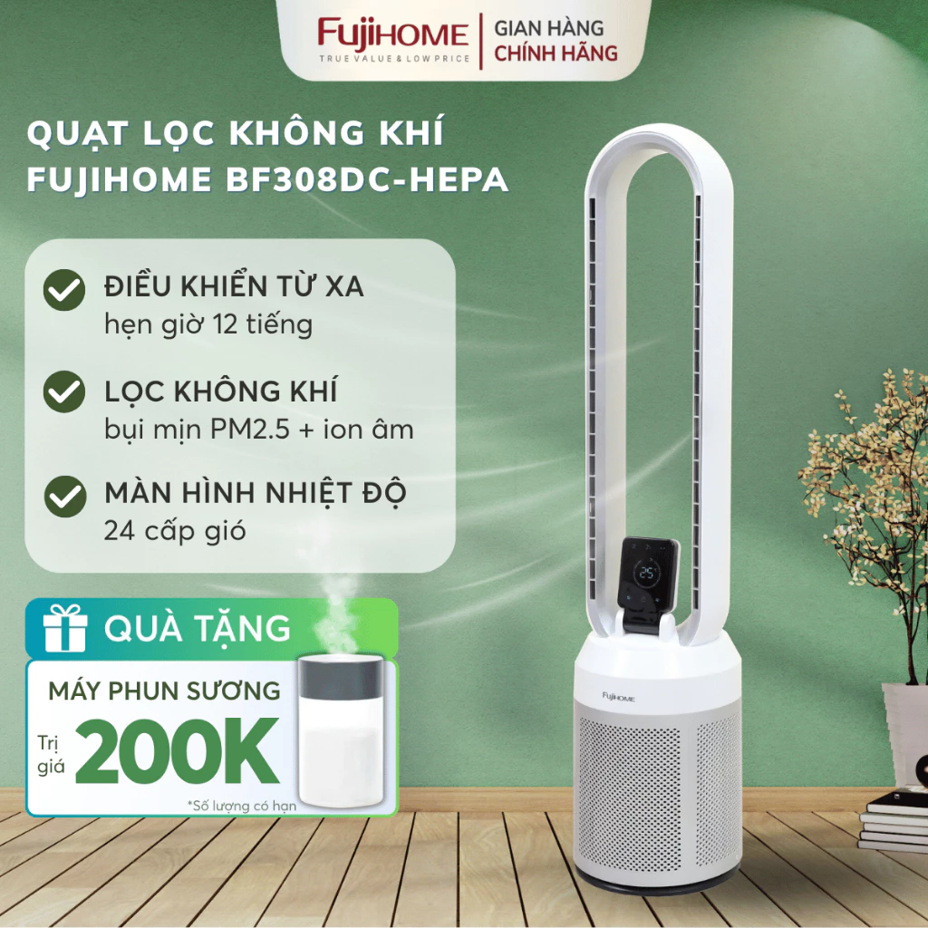 Quạt không cánh lọc không khí HEPA ion âm Nhập Khẩu FUJIHOME BF308DC-HEPA, quạt 24 cấp gió lọc bụi