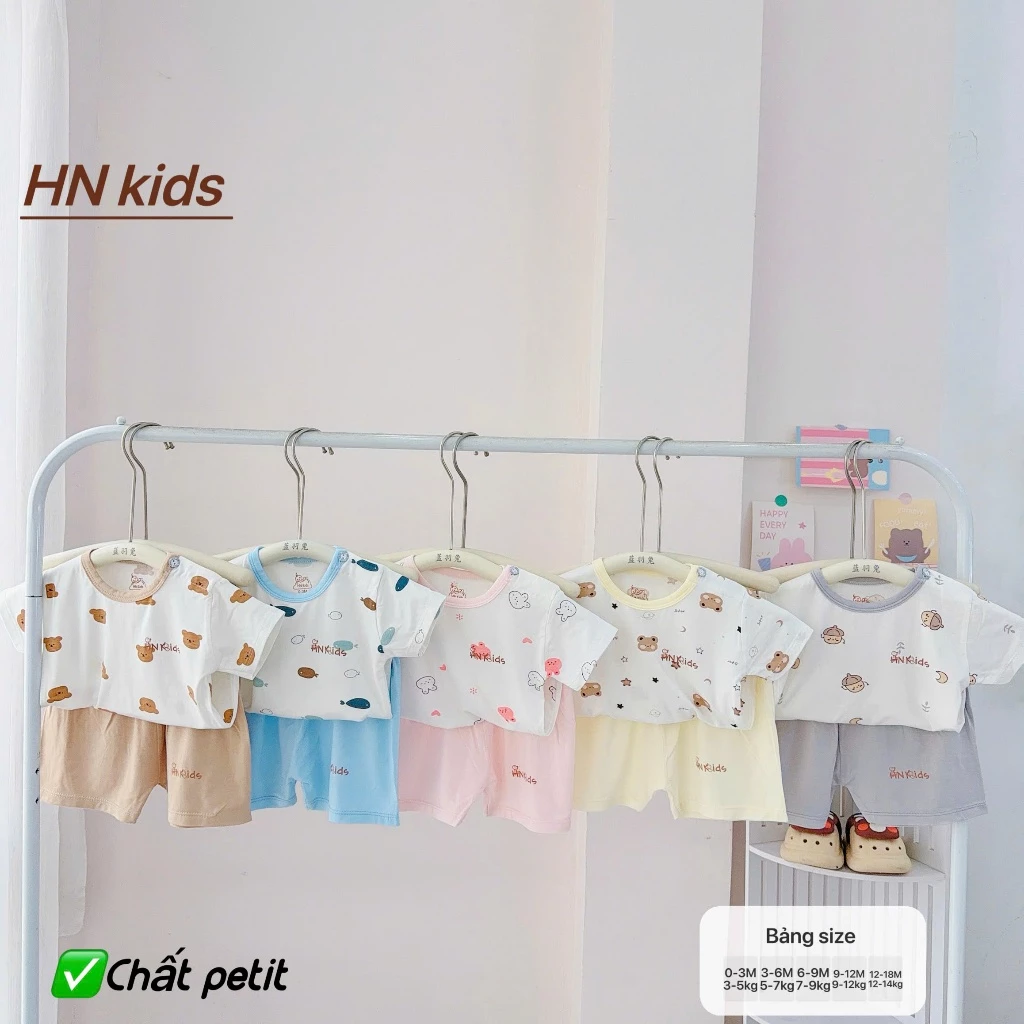 BC7. Bộ Cộc Tay Cài Vai HNKids Trắng Mix Màu Vải Petit Mềm Mịn Mỏng Mát Cho Bé Từ 4-14kg
