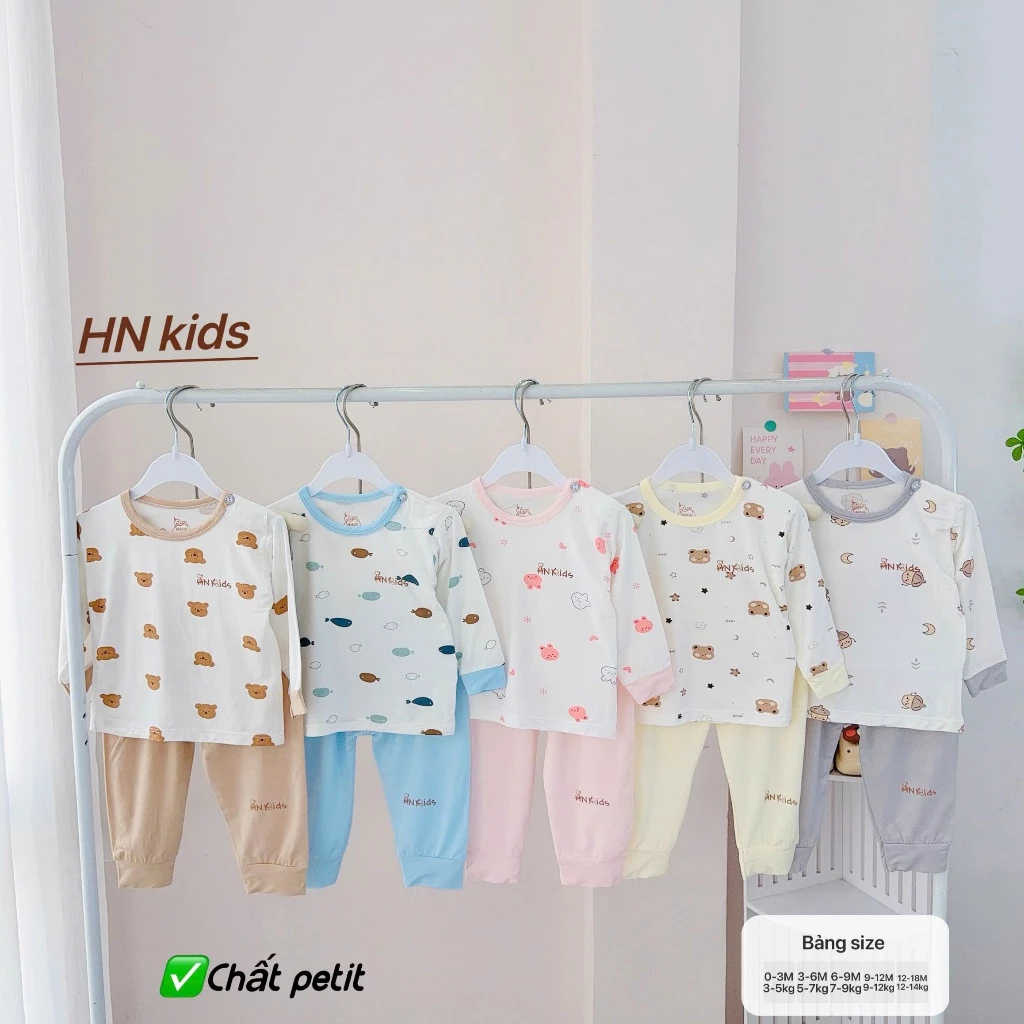 BD15. Bộ Dài Tay Cài Vai HNKids Vải Petit Sợi Tre Mềm Mịn Mát Cho Bé Từ 4-14kg