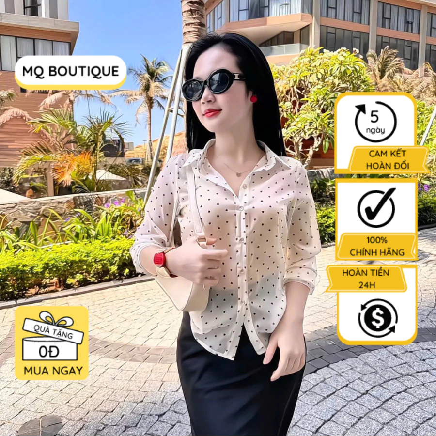 Sơ mi Tơ họa tiết trái tim nhỏ nữ MQ Boutique áo sơ mi tim đen nền trắng mỏng dài tay kiểu công sở thiết kế
