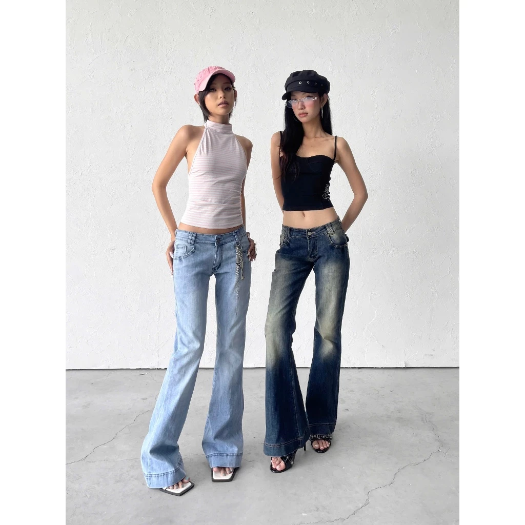 Quần Jeans Cạp Trễ TWENTI Co Giãn Ống Loe Thêu Túi
