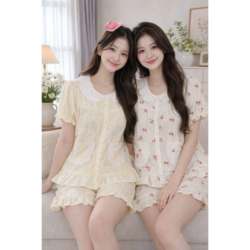 Bộ Đồ Ngủ Nữ Vải Đũi Hoa Nhí Cổ Ren Tiểu Thư - Pijama From Babydoll Dễ Thương