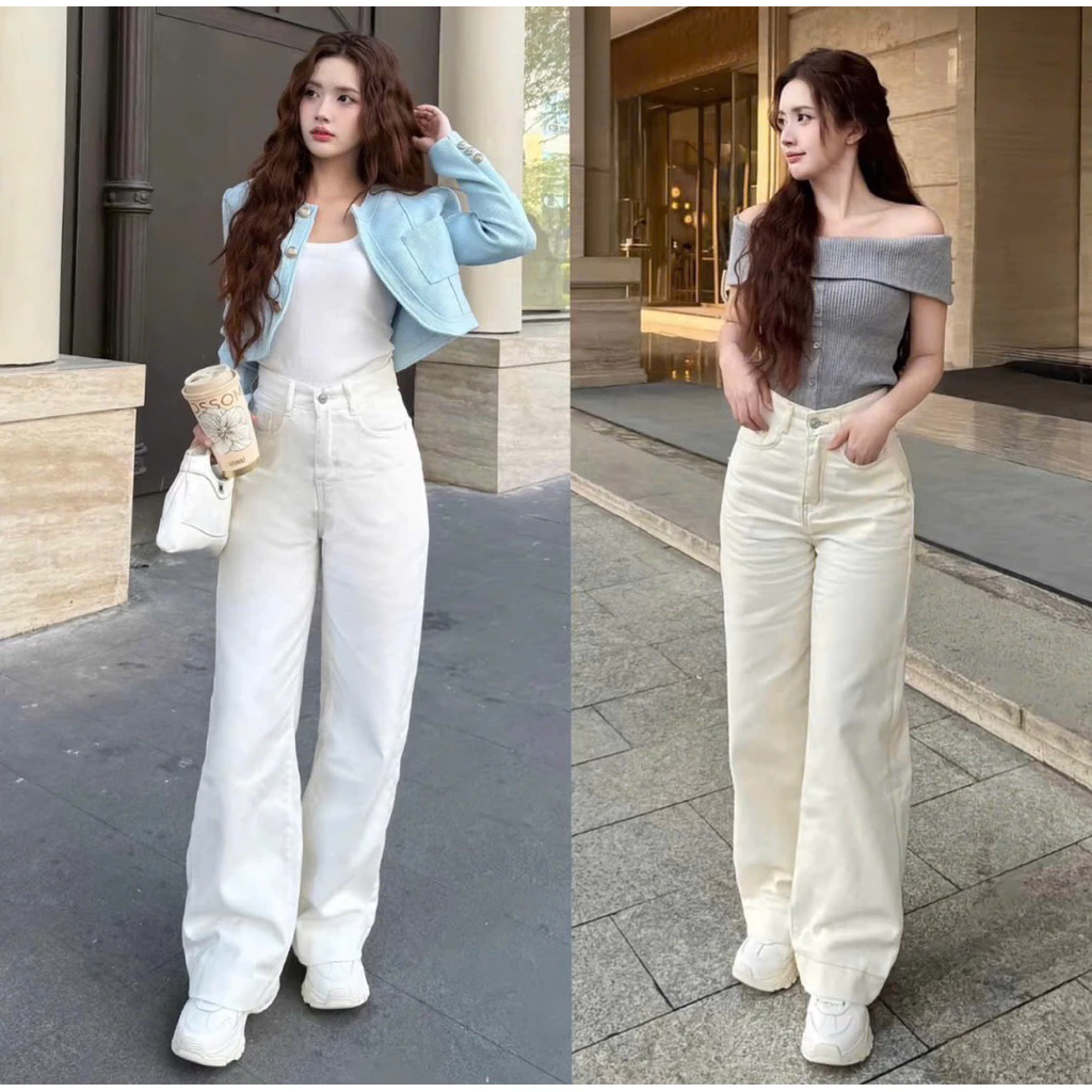 Quần jean suông gấu to 2 màu lưng cao chất jean mềm dày dặn