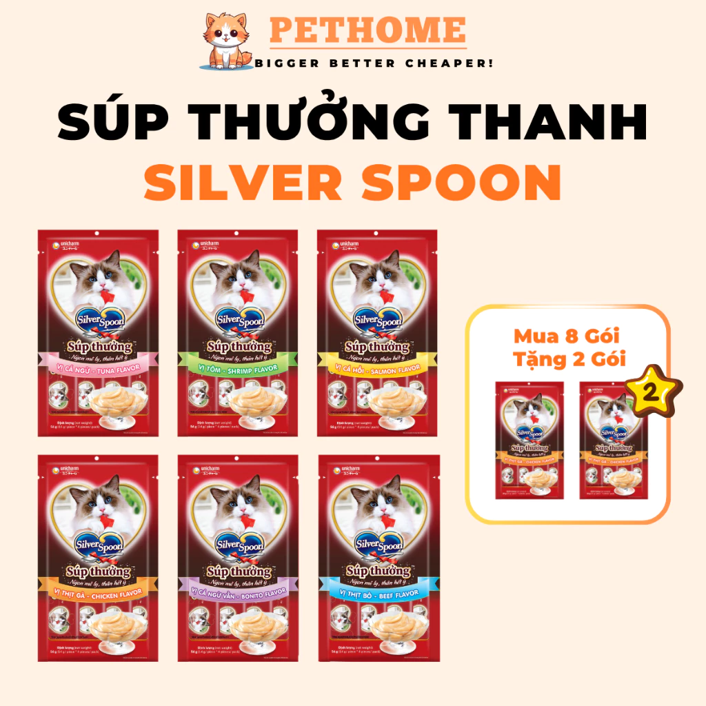Súp Thưởng Silver Spoon Unicharm Dạng Thanh Cho Mèo 56gram, Bổ Sung Dinh Dưỡng Đề Kháng Cho Mèo