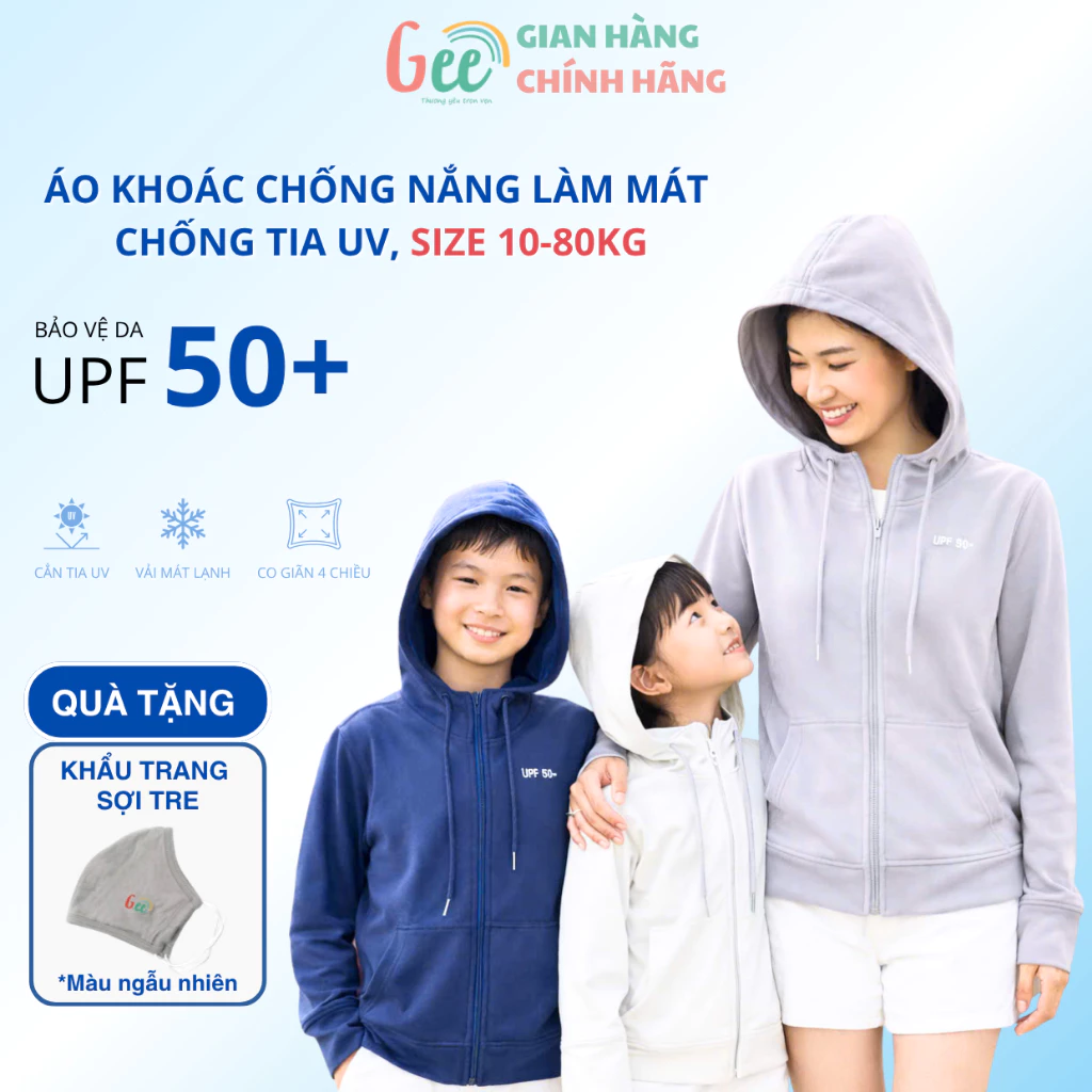 Áo chống nắng chống tia uv 99,9% Gee cho bé gái, bé trai, nam nữ, size 10-75kg vải cách nhiệt thoải mái, dễ chịu, UPF50+
