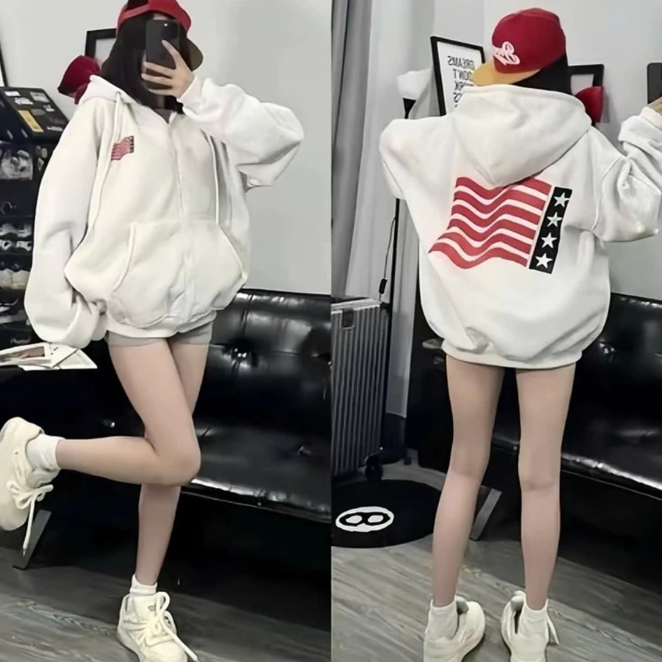 Áo Khoác nữ Hoodie Zip USA COTTON Thêu Xù LOGO Lá cờ Mỹ Form Boxy Form Rộng Nam Nữ Unisex