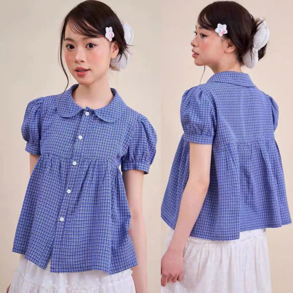 Áo Babydoll Kẻ Caro Cổ Sen Tay Bồng Chất Thô Cotton, Áo Sơ Mi Nữ Kiểu Dễ Thương Phong Cách Hàn Quốc New