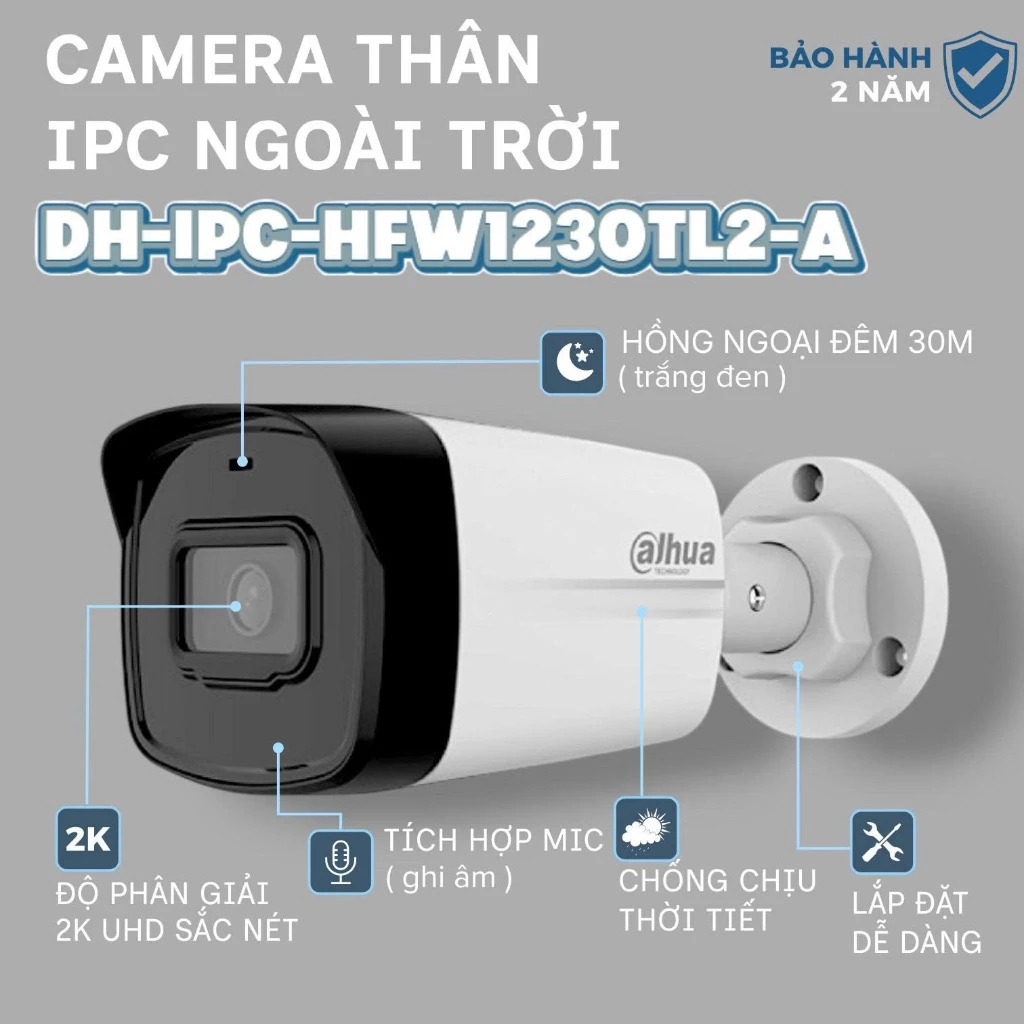 (TẶNG HKT)Camera Dahua IP 2MP DH-IPC-HFW1230TL2-A Chống Ngược Sáng DWDR, Lens 3.6mm, Có Micro Thu Âm
